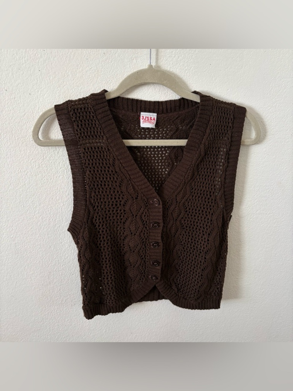 Vintage 70s brown crochet knit sweater vest top sleeveless button up indie - Picture 2 of 4